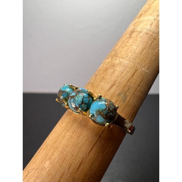 Blue composite turquoise trilogy ring in gold over sterling silver size 9 - Picture 5 of 9